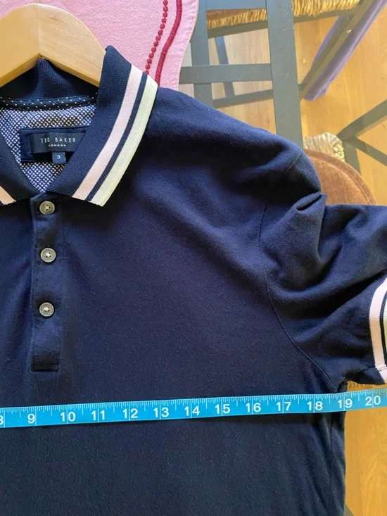 Ted Baker Navy Blue Pink White Stripe Collar Knit Polo Shirt Medium - Picture 12 of 15